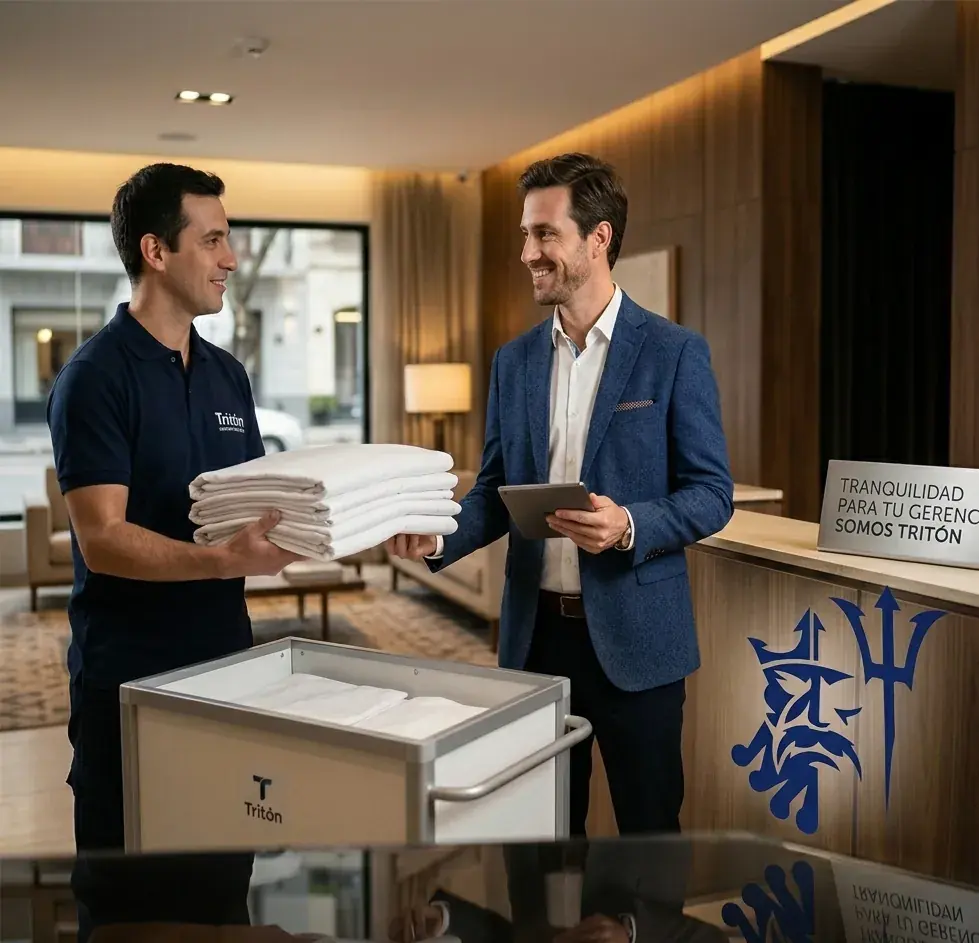 Un integrante de Tritón entrega ropa blanca al gerente de un hotel